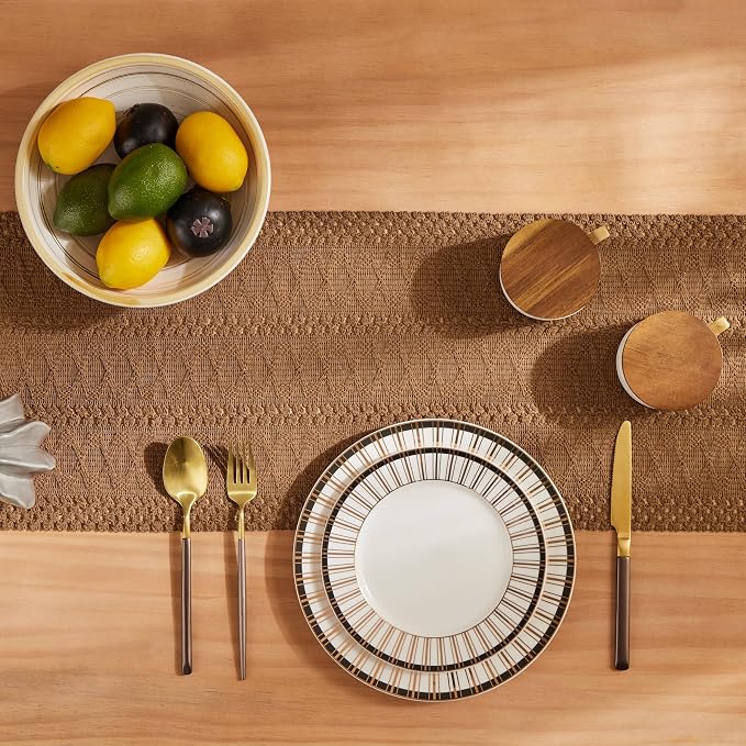 Macrame Style Boho Table Runner, 12x60 Inch Caramel | Woven Boho Table Runner - Image 4