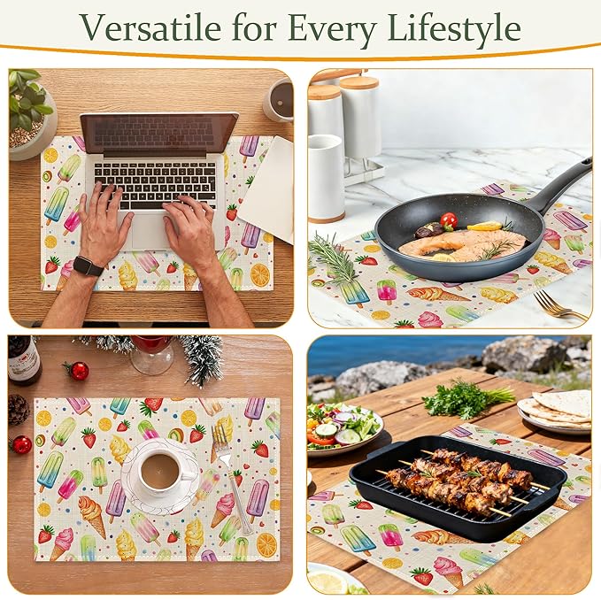 Summer Ice Cream Cloth Placemats,Fruits Popsicle Heat-Resistant Table Placemats Set of 6, Washable Linen Place Mats for Dining Room Table Decor Home Restaurant Cafes Holiday Party 11.8x17.7 Inch