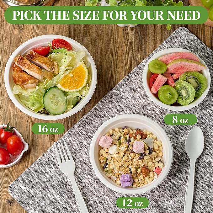 ECOLipak 150 Pack Compostable Paper Bowls, 8 oz Heavy-Duty Disposable Biodegradable Soup Bowls Made of Natural Bagasse, Suitable for Salad, Dessert, Milk, Cereals
