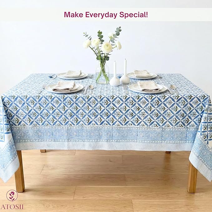 ATOSII Cotton Tablecloth Netta Blue 72" X 140" Inches