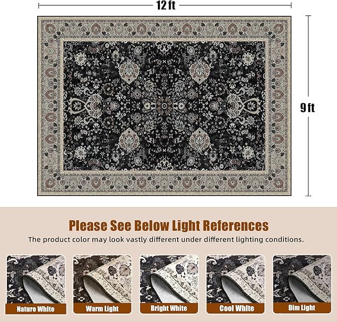9x12 Rugs for Bedroom, Vintage Washable Rugs Non Slip Large Area Rug for Living Room Dining Room Office, Floor Decoration Big Rug Carpet Low-Pile Kid & Pet Friendly(Blcak Navy Multi