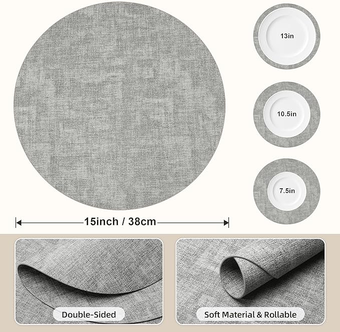 15 inch Faux Leather Round Placemats Set of 6 Non-Slip Washable Wipeable Table Mats, Heat Resistant Waterproof Oilproof Grey Place Mats for Kitchen, Dining, Party, Indoor, Outdoor