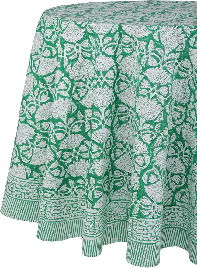 ATOSII Meadow Green 100% Cotton Summer Round Tablecloth, Block Print Table Cloth for Dining, Weddings, Outdoors, Parties I Grand Millenial Farmhouse Coastal Boho Home Decor 60" Inches
