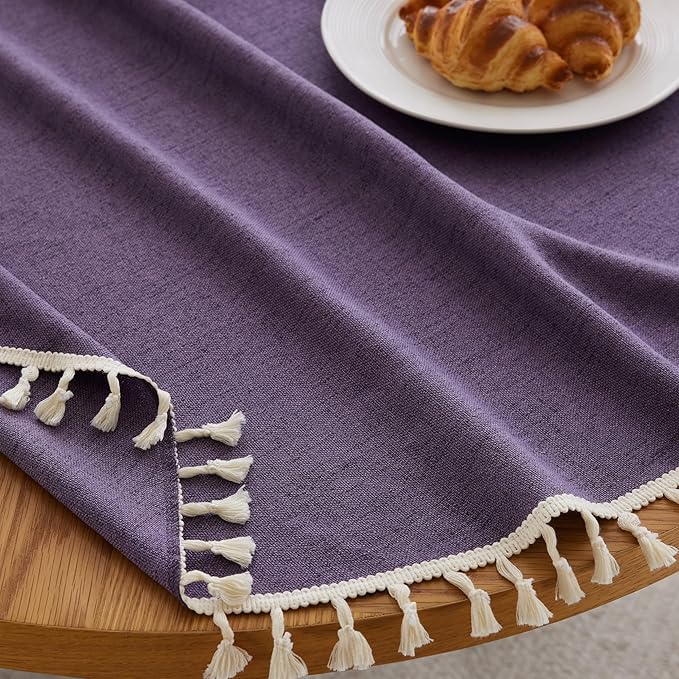Linen Tablecloth with Tassels, Farmhouse Style Purple Tablecloth, Water Resistant Burlap Tablecloths for Round Table, 60 Inch Round Purple
