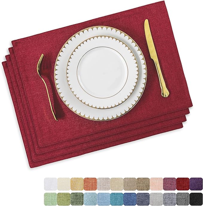 Home Brilliant Cloth Placemats Set of 4 Red Linen Placemats for Dinner Heat Resistant Dining Table Mats Kitchen Place Mats for Party Valentine's Day, Dark Red Burgundy
