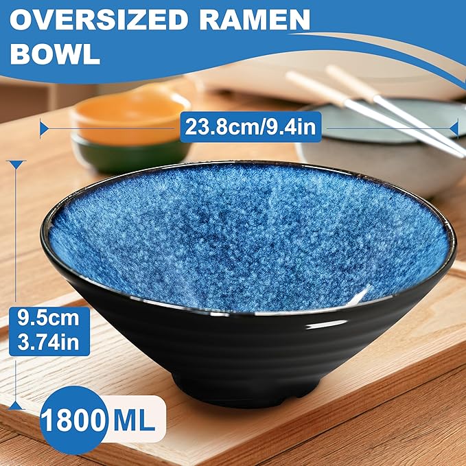 9.4-Inch 2 Sets Ceramic Ramen Bowl (8 Piece) - Japanese Porcelain Dishwasher Microwave Safe Salad Noodles Cereal Pasta Soup Large Bowls with Chopsticks Forks Spoons for Men Women Housewarming Gift