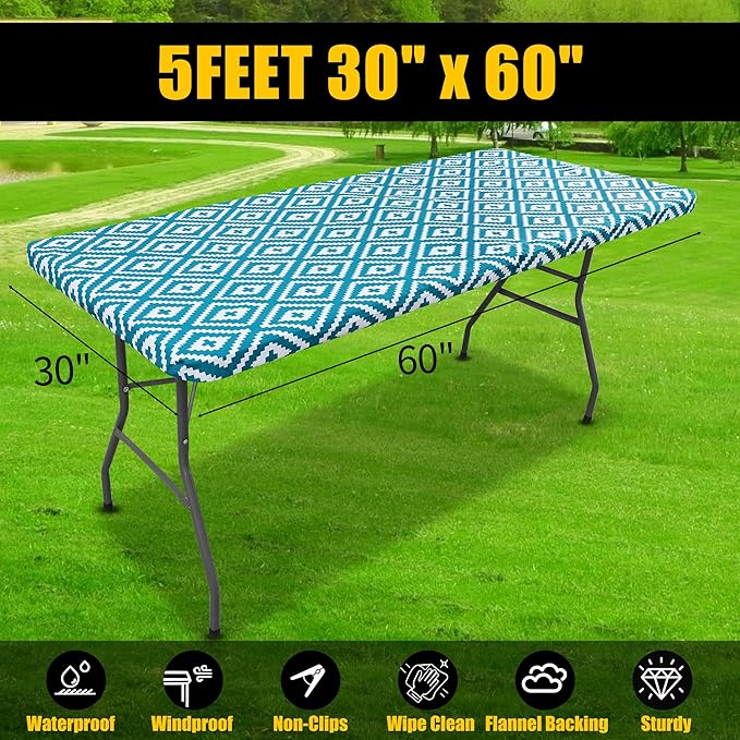Smiry Rectangle Table Cloth Cover, Waterproof Elastic Fitted Picnic Tablecloth for 5 Foot Tables, Wipeable Flannel Backed Vinyl Tablecloths for Camping, Dining, Outdoor (Teal, 30" x 60")