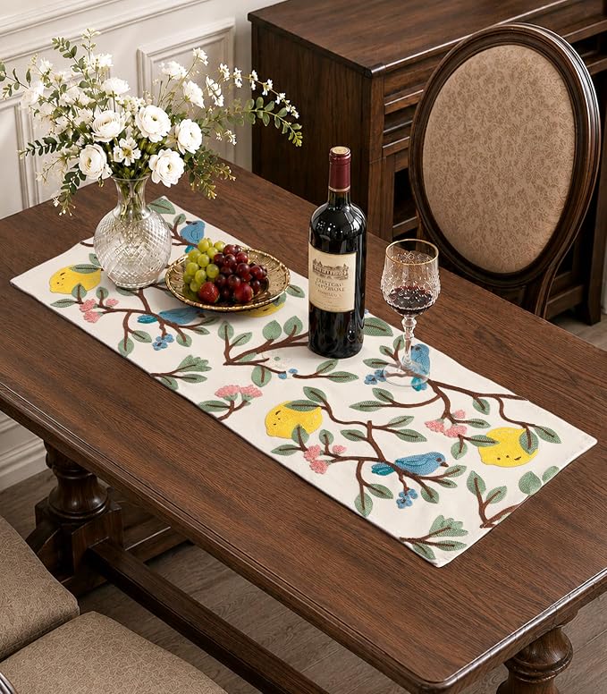 Canvas Embroidered Narrow 13"x 48" Table Runner, Lemon Bird | Exquisite by Kokaaee