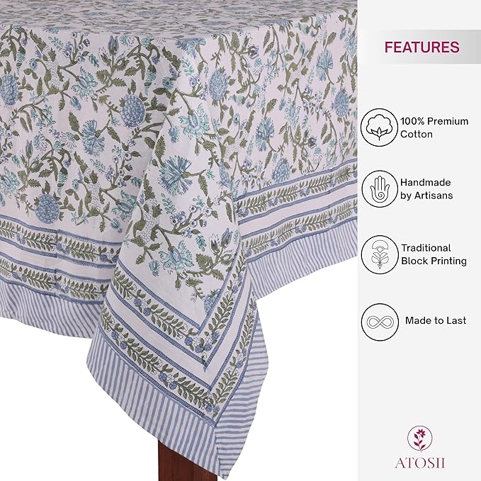 ATOSII Mahoka Blue 100% Cotton Fall Tablecloth, Handblock Floral Linen Table Cloth for Kitchen Dining Table I Parties Weddings Outdoors Easter Valentine's Gift I 60 X 108 Inches I 8 Seater