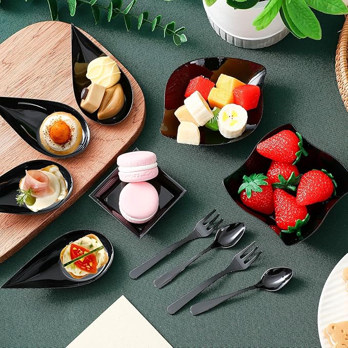 Tessco 800 Pcs Mini Appetizer Plates Set Including 400 Disposable Dessert Plates Assorted Shape 200 Mini Plastic Forks 200 Plastic Spoons for Party(Black,Classic)