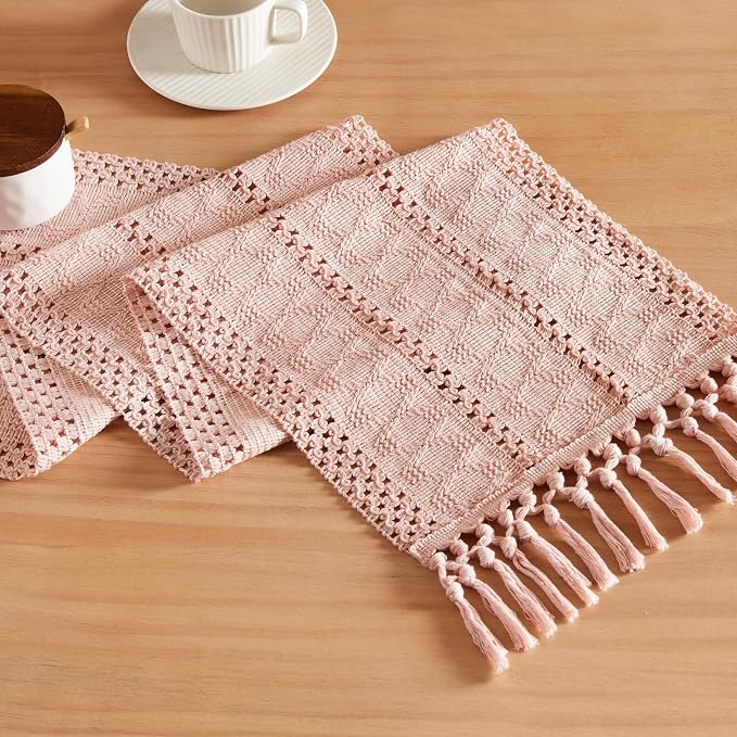 Macrame Style Boho Table Runner, 12x72 Inch Light Pink | Woven Boho Table Runner by ZEEMARTONLINE