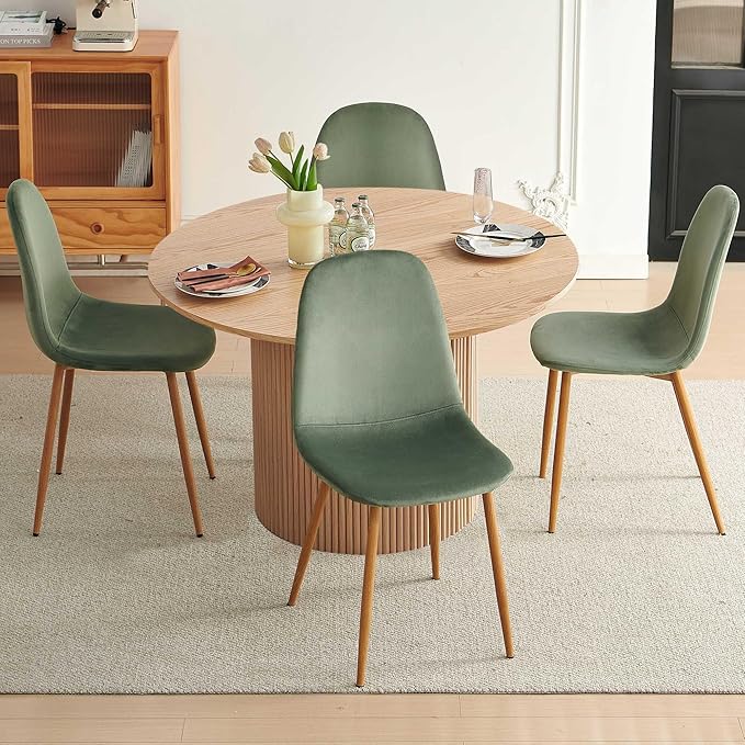 Dining Table Set for 4, Mid Century Modern 47 Inch Wooden Round Dining Table Set, Space Saving (Table + 4 Green Chairs)