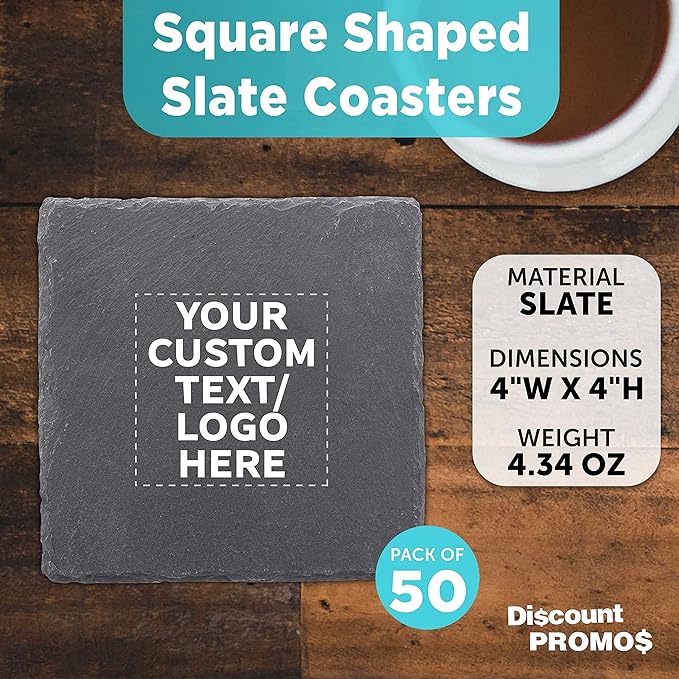 Custom Sohag Square Slate Coasters Set of 50, Personalized Bulk Pack - Table Decor, Kitchen Decor, Wedding Favors - Black