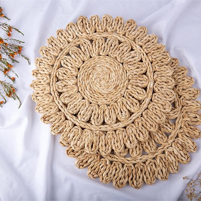 13.8" Corn Husk Woven Round Placemats Set of 12 - Wicker Boho Farmhouse Placemats - Rattan Table Mats Like Water Hyacinth for Dining Table, Wedding, Home, Christmas, Party