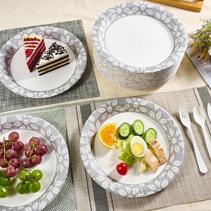 JOLLY CHEF 9 inch 140 Pack Disposable Paper Plates,Soak Proof, Cut Proof, Heavy Duty Printed Paper Plates for Everyday Use
