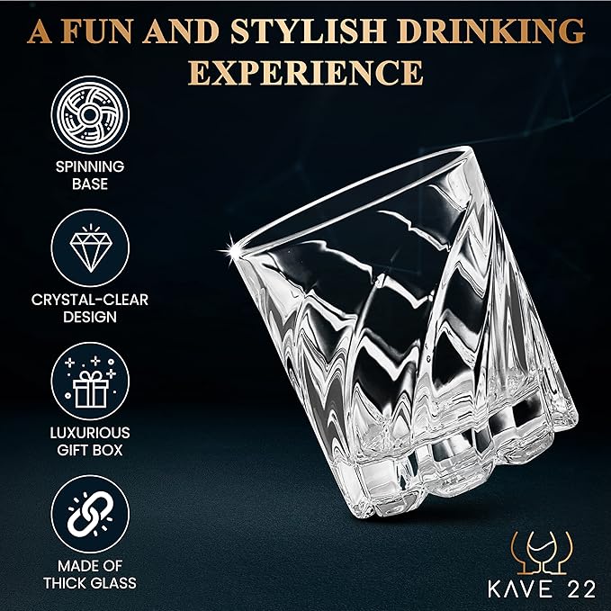 Whiskey Glasses Set of 4 - Spinning Bourbon Glass with Ice Ball Mold - Elegant Scotch, Old Fashioned Rotating Base - Thick Crystal Drinking Kit Scotch - Elegant Barware Gift for Whisky Lovers