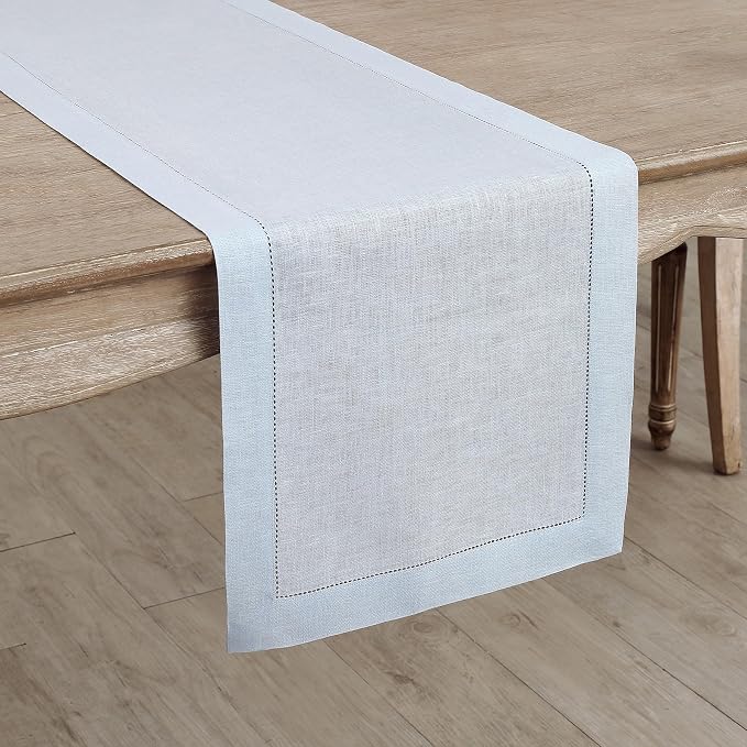 Solino Home 100% Pure Linen Table Runner Light Blue Hemstitch, 14 x 132 in | - Image 2