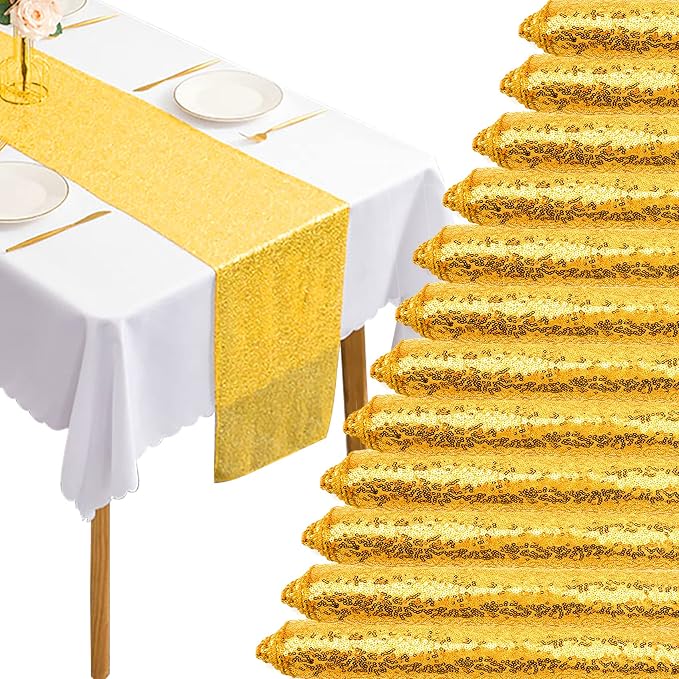12 Packs 12 X 72 Inch Gold Sequin Table Runner Glitter Dining Table Runner by Fivenl