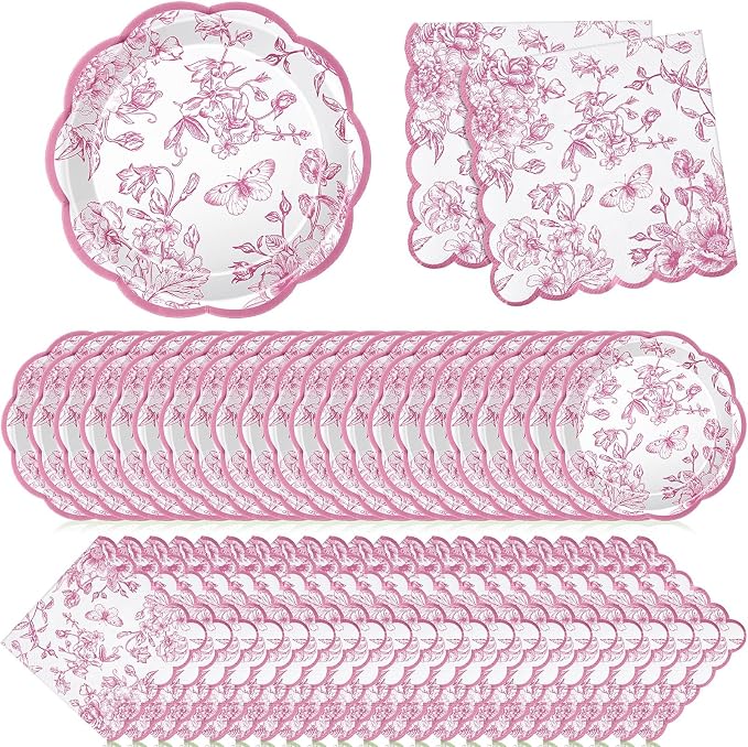 Willinglong 120 Pcs Floral Scalloped Paper Plates and Napkins Set, 2-ply Napkins by Willinglong