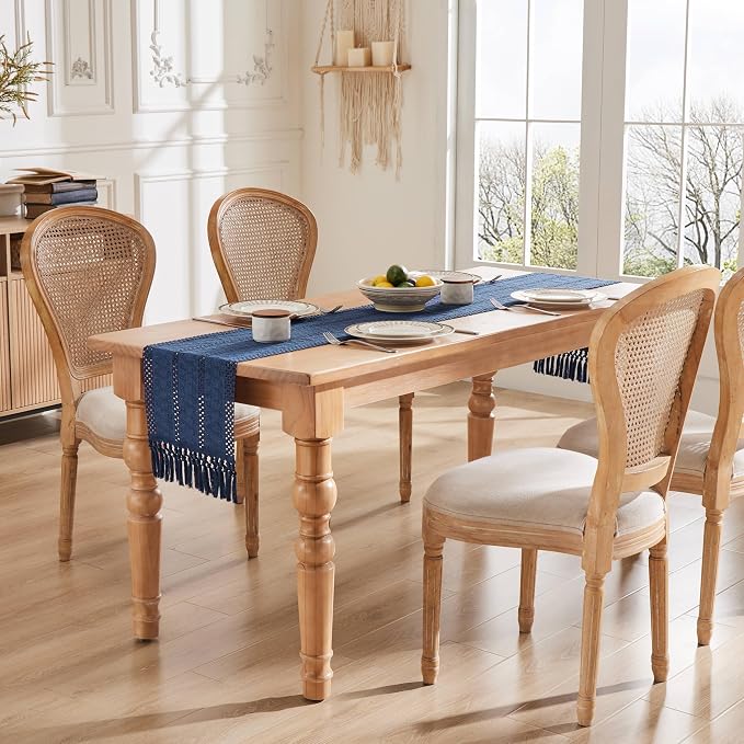 Macrame Style Boho Table Runner, 12x90 Inch Navy Blue | Woven Boho Table Runner - Image 3