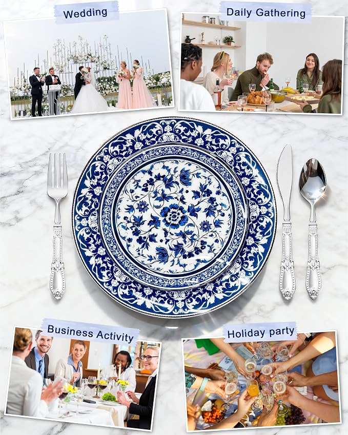 175 Pcs Blue Plates for Party & Wedding | Floral Disposable Dinnerware Set. - Image 6