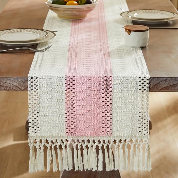 Macrame Style Bicolor Stitching Table Runner 14x90in Light Pink | Woven Boho - Image 3