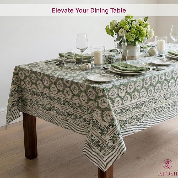 ATOSII Kari Green 100% Cotton Rectangle Fall Tablecloth, Block Print Floral Table Cloth Linen for Dining, Parties, Outdoors, Christmas, Thanksgiving, Grandmillennial Decor 60 X 90 Inches I 6 Seater