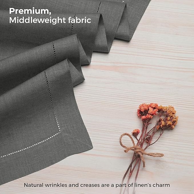 D'Moksha Homes Linen Charcoal Grey Table Runner 144 Inches Long - 100% Pure Linen Extra Long Table Runner 14 x 144 Inch for Spring, Easter - Classic Hemstitch