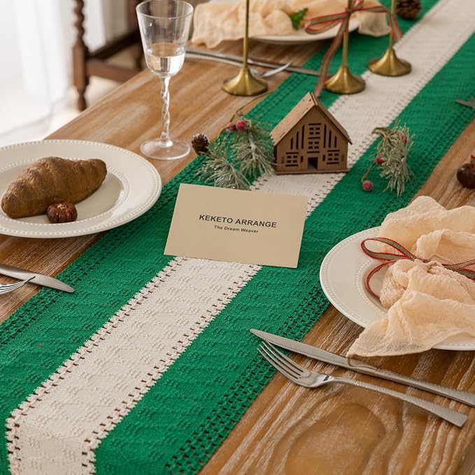 Keketoarrange Christmas Green Boho Table Runner 12x36 Inch | Woven Burlap - Image 2
