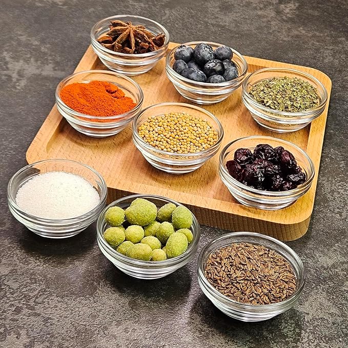 JO! Small Glass Bowl Set with Serving Tray - Set of 9 Mini Glass Bowls (1 oz) with Wooden Tray - Dishwasher & Microwave Safe - Ideal for Party, Snacks, Dipping Sauce, Charcuterie Board and Condiment