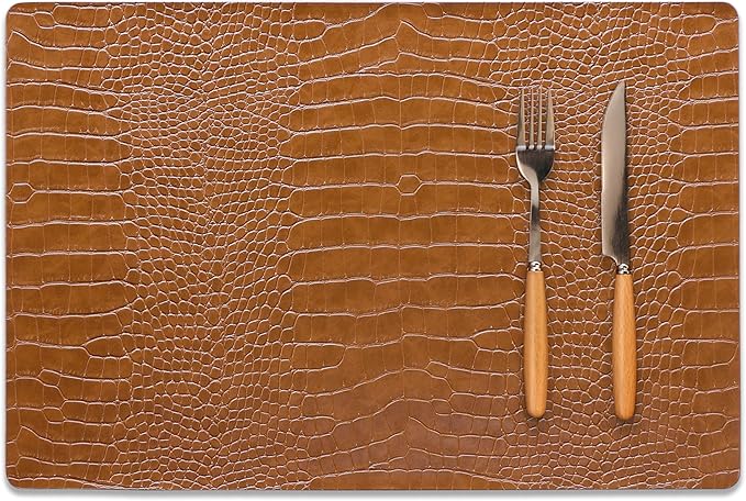 Jovono Faux Leather Placemats Set of 8, Waterproof Heat Resistant Dinner Place Mats for Dining Table, Non-Slip Crocodile Embossed, Brown (17.8x11.8 Inch)