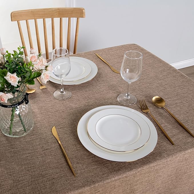 Hiasan Faux Linen Rectangle Tablecloth - Wrinkle and Stain Resistant Washable Table Cloth for Kitchen Dining Room Holiday Table Cover for Dinner, Khaki, 70 x 120 Inch