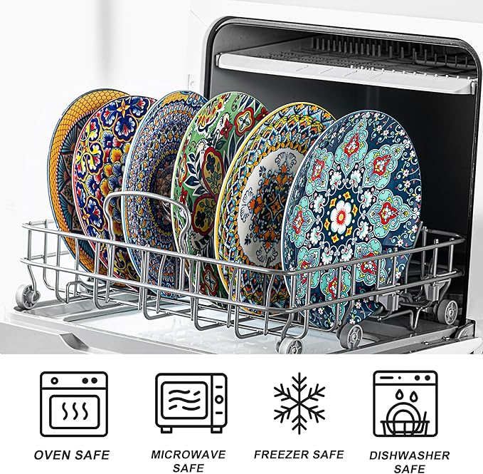HENXFEN LEAD Ceramic Dessert, Salad Plates 8.5 Inch, Small Dinner Plate Set of 6- Serving Dishes for Thanksgiving & Christmas, Dishwasher & Microwave Safe - Bohemian Style