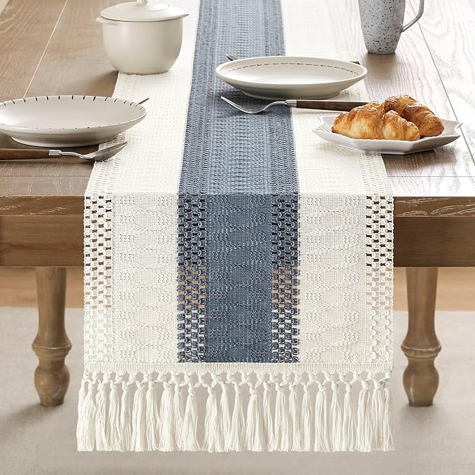 Macrame Style Bicolor Stitching Table Runner 14x72in Navy | Woven Boho Table - Image 2