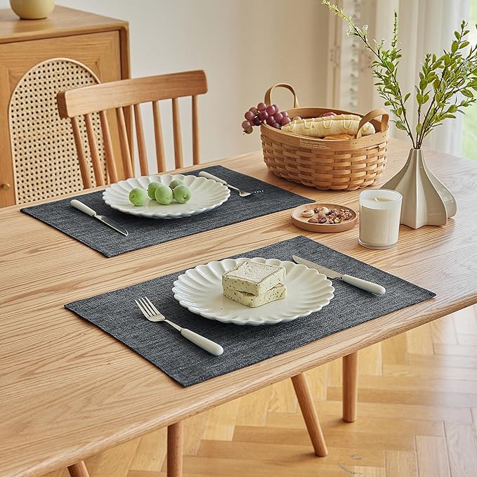 Softalker Faux Linen Placemats Set of 6-12 x 18 Inch, Heat Resistant Double Layered Durable Burlap Farmhouse Place Mats, Non-Slip Washable Rustic Table Mats for Dining, Kitchen, Party（Dark Grey