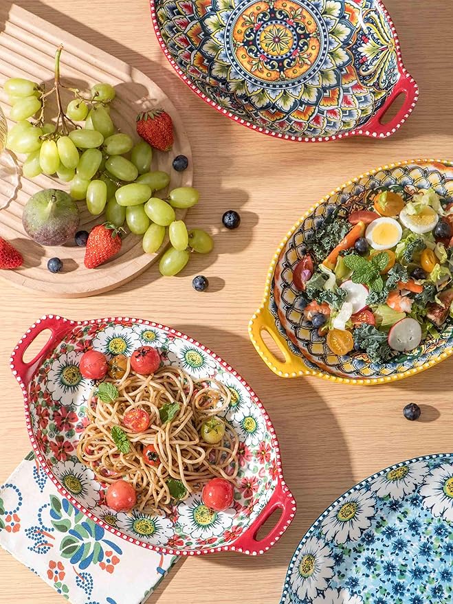 Henten Home Pasta Bowls with Handle, 32 oz Porcelain Salad Bowls Set of 4, Ceramic Colorful Serving Dishes for Dinner, Vegtable, Fruit, Microwave & Dishwasher Safe