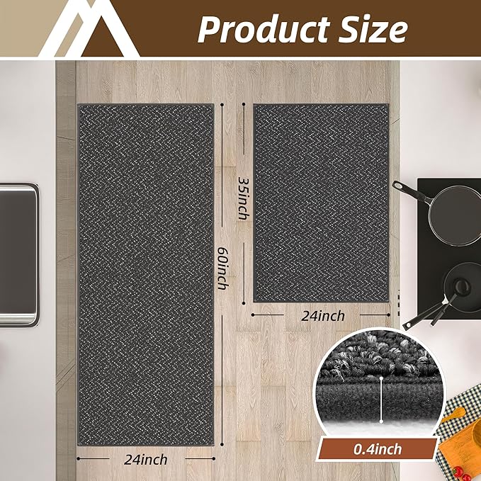 COSY HOMEER Kitchen Rugs Non Slip Washable 24"x36"+24"x60" Absorbent Kitchen Mats for Floor Stain Resistant Kitchen Runner Rug Sets of 2 Kitchen Floor Mats for Sink,Dark Grey