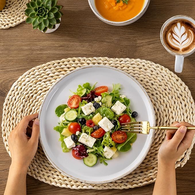 AmorArc 24 Pieces Ceramic Dinnerware Sets for 6, Handpainted Plates and Bowls Set with Rustic Terracotta Underside, Scratch Resistant Stoneware Dishes Set, Dishwasher & Microwave Safe, White