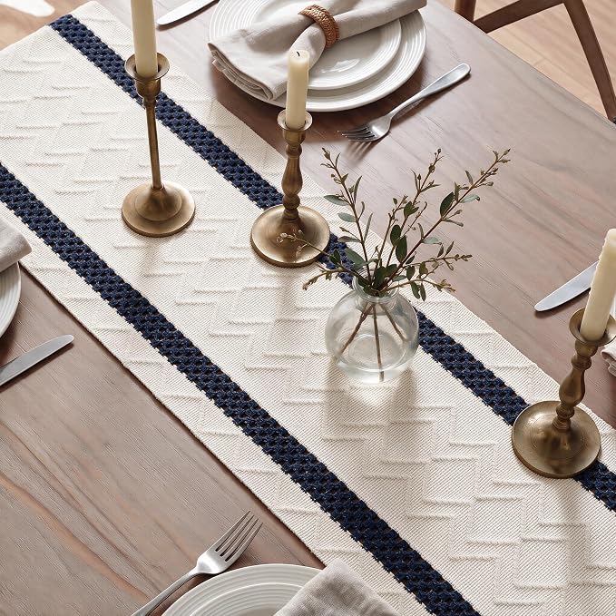 Artoid Mode Dark Blue Stripe Woven Rustic Table Runner 12x108 Inch | Holiday - Image 4