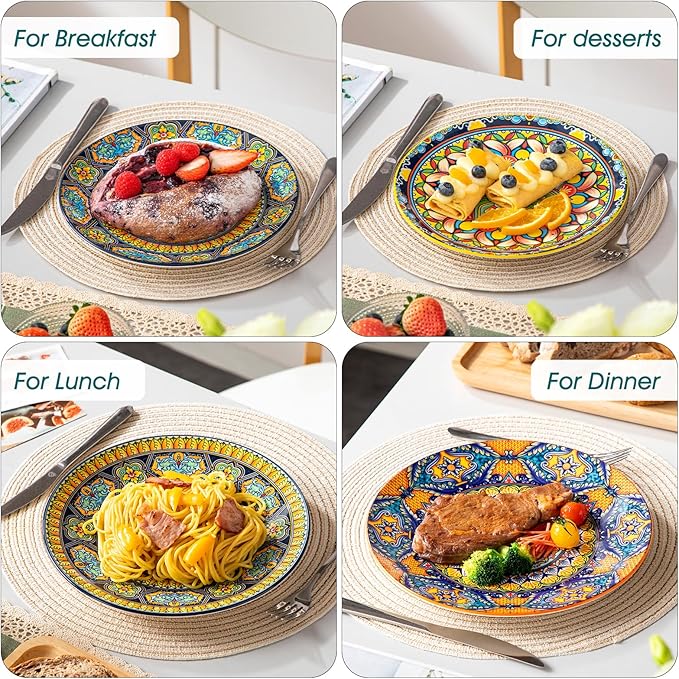 vancasso Bohemian Dessert Plates Set of 6, 8.5 Inch Ceramic Salad Plates, Boho Small Dinner Plates, Colorful Printed Kitchen Plate for Breakfast, Microwave & Dishwasher Safe Dishes, Series KRVI