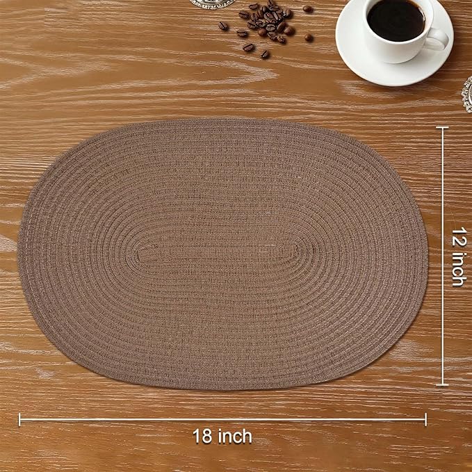 Noctiflorous Oval Braided Placemats Set of 6 Woven 12x18 Inch Non Slip Washable Heat Resistant Place Mats Round Tablemats for Dining Kitchen Party Daily Table Decor Dinner Mats (Solid Brown, 6)