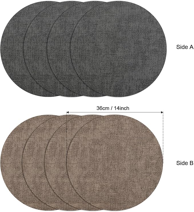 Myir JUN Round Placemats Dual Sided, Faux Leather Place Mats Set of 4 Indoor Placemats for Dining Table Outdoor Placemats Non-Slip Washable Table Mats (Set of 8, Gray Brown)