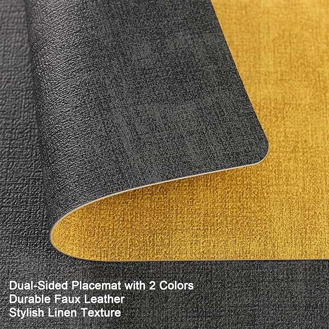 Myir JUN Dual Sided Placemats, Faux Leather Set of 6 Indoor/Outdoor Square Non-Slip Washable Table Mats (Gray Yellow)