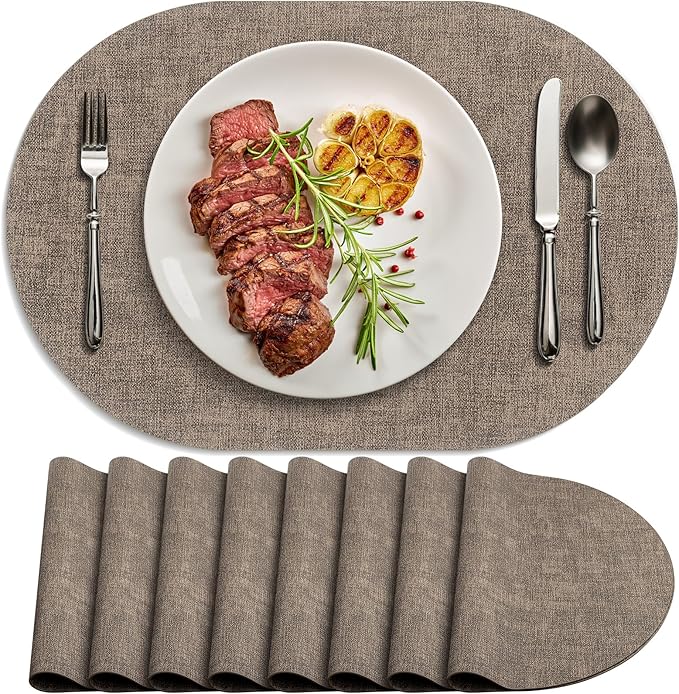 Placemats Set of 8 Washable, Heat Resistant Table Placemats Wipeable Faux Leather Oval Place Mats Non Slip, Waterproof Oval Table Mats for Indoor Outdoor, Dark Brown