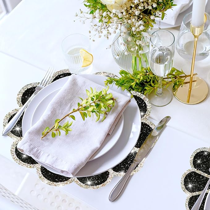 Washable Waterproof Diamond Circle Placemats for Round Tablescape Decor for Dinner and Kitchen Bling Placemats for Weddings & Special Events (Black)-2PCS