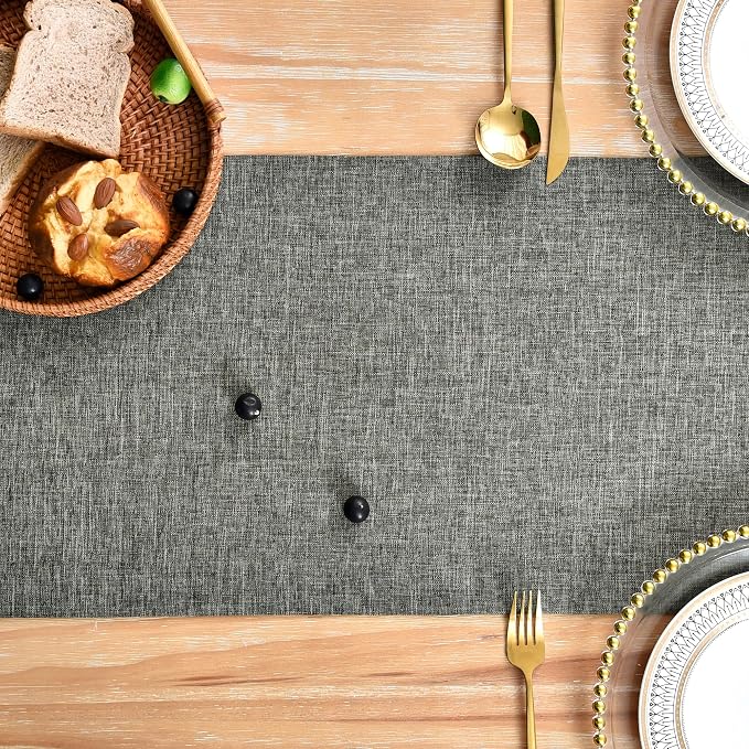 NEWISHER Farmhouse Rustic Faux Linen Dark Grey Table Runner 13x60inch | Dark - Image 4