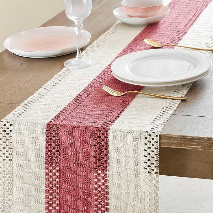Macrame Style Bicolor Stitching Table Runner 14x72in Dusty Rose | Woven Boho - Image 5