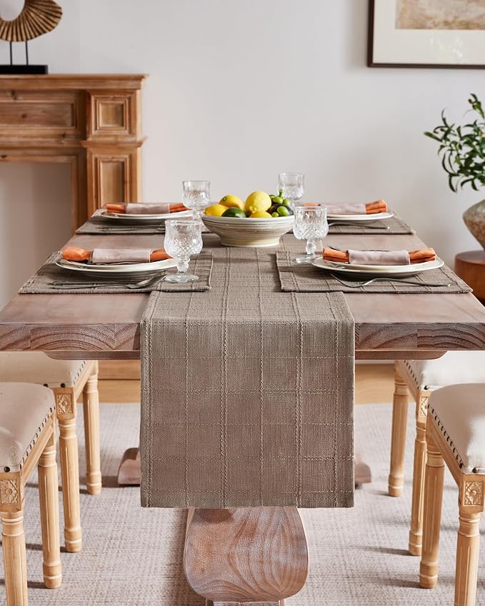 Linen Checked Farmhouse Table Runner, 13x72 Inches Cocoa Brown | Raised Grid - Image 2