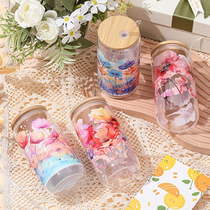 Mumufy 4 Pack Wildflower Glass Cups Gift Aesthetic Cute Glass Cup Tumbler - Image 4