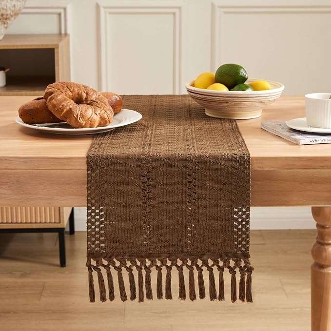 Macrame Style Boho Table Runner, 12x36 Inch Caramel | Woven Boho Table Runner - Image 2